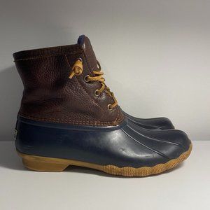 Sz 8.5 | Sperry leather and rubber rain/snow duck boots, navy blue/leather upper